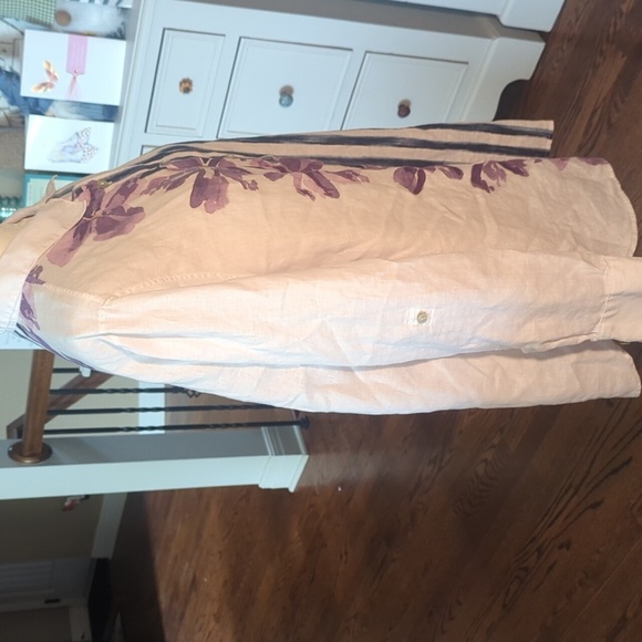 White /Purple 100% Linen Stripes And Floral Print Button Down Tunic Shirt Sz 16 - Picture 3 of 10